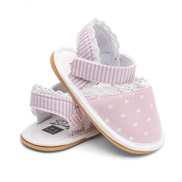 Floral Stripe Heart Baby Girls Sandals Cotton Fabric Rubber Sole Crib Shoes