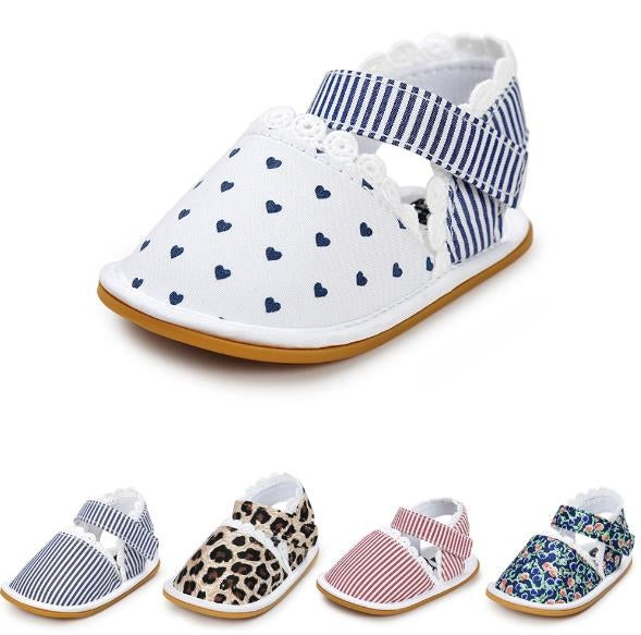 Floral Stripe Heart Baby Girls Sandals Cotton Fabric Rubber Sole Crib Shoes