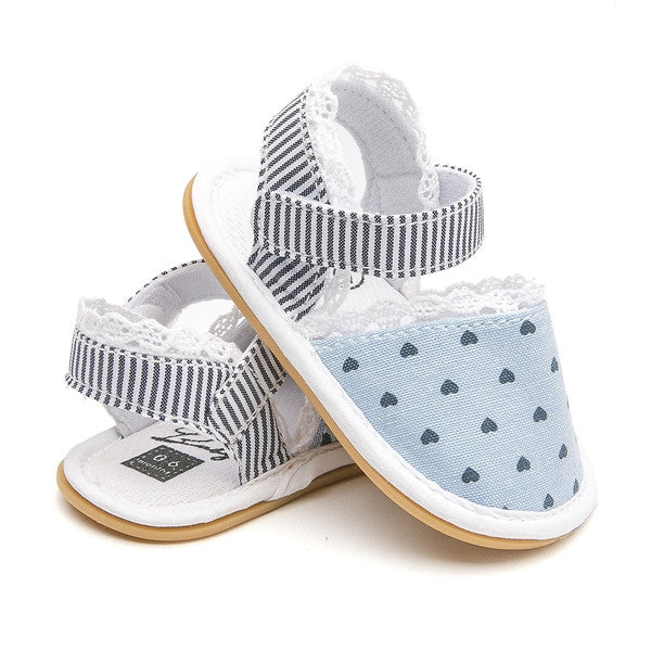 Floral Stripe Heart Baby Girls Sandals Cotton Fabric Rubber Sole Crib Shoes