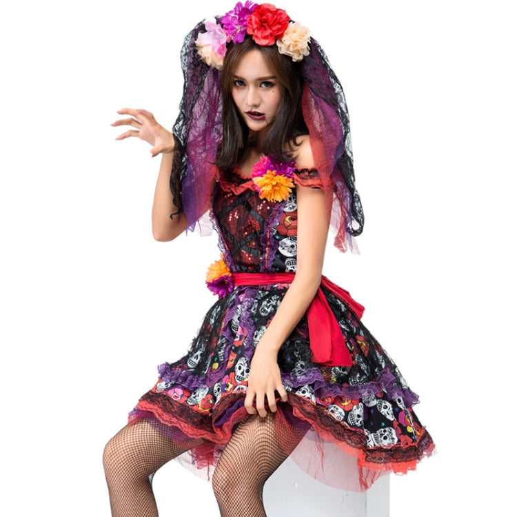 PS8527 Halloween Costume Rose Skull Print Ghost Bride Dress, Size: XL(Red)