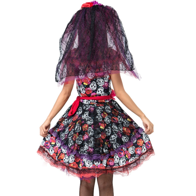 PS8527 Halloween Costume Rose Skull Print Ghost Bride Dress, Size: XL(Red)