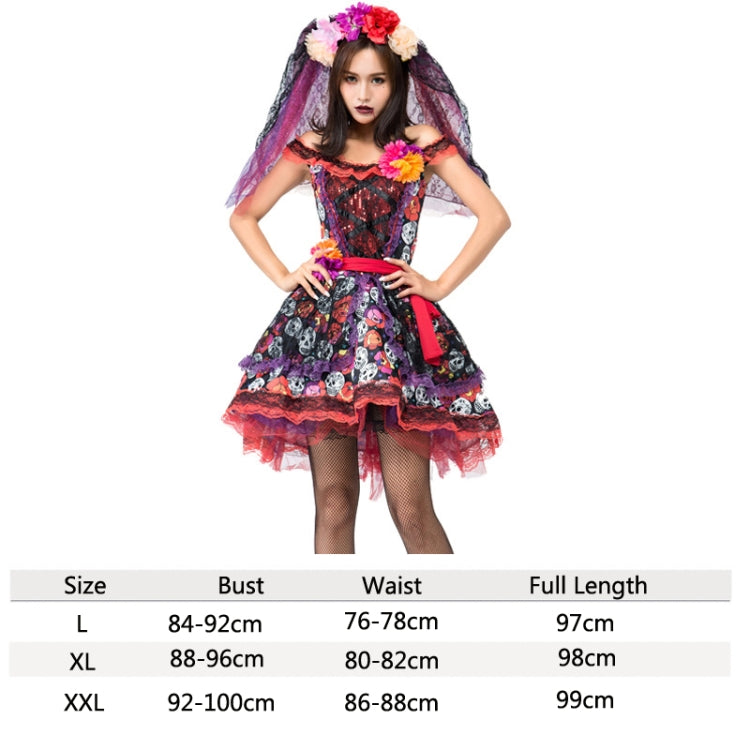 PS8527 Halloween Costume Rose Skull Print Ghost Bride Dress, Size: XL(Red)