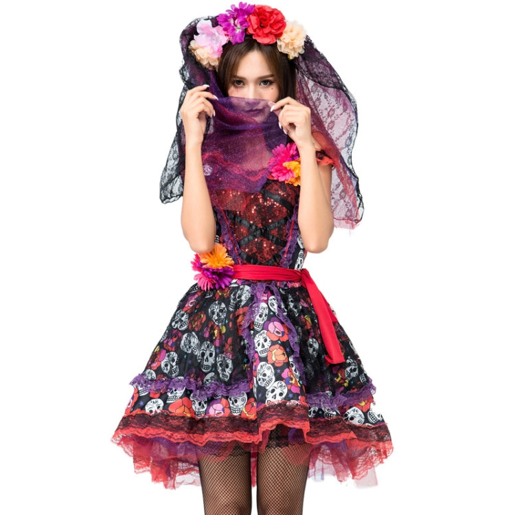 PS8527 Halloween Costume Rose Skull Print Ghost Bride Dress, Size: XL(Red)