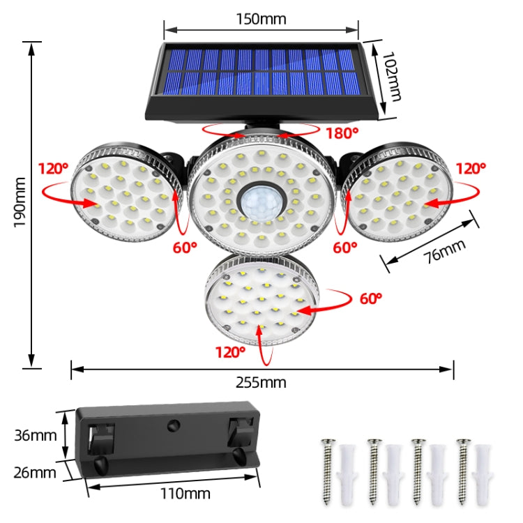 TG-TY051 4-Head Rotatable Solar Wall Light Body Sensor Outdoor Garden Waterproof Corridor Garden Lighting Street Light, Spec: 89 LED