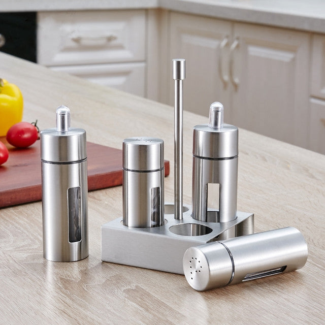 4 in 1 Stainless Steel Cruet with Base Powder Vinegar Bottle Set