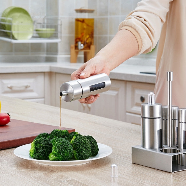 4 in 1 Stainless Steel Cruet with Base Powder Vinegar Bottle Set