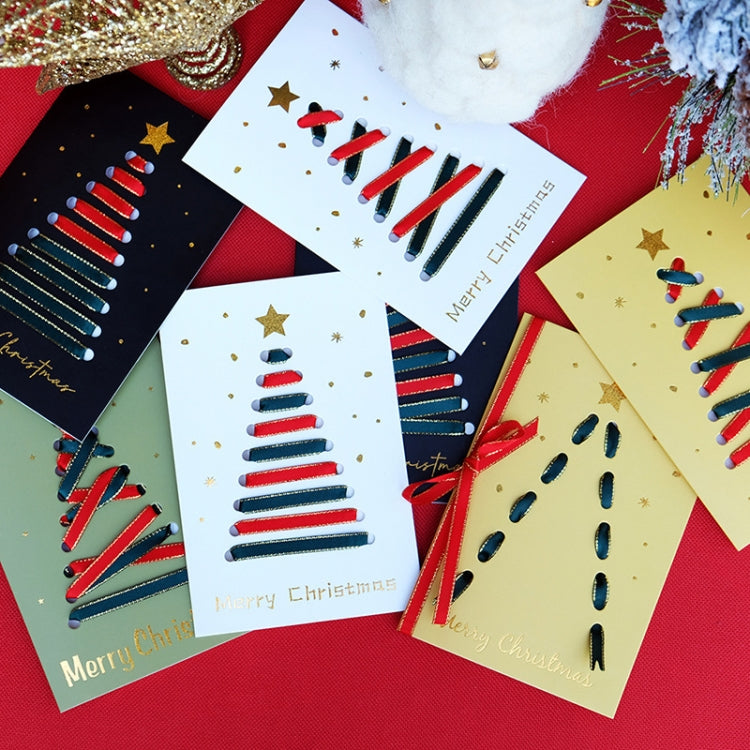 10 Sets DIY Gold Rim Ribbon Christmas Tree Greeting Card Bronzing Folding Christmas Card