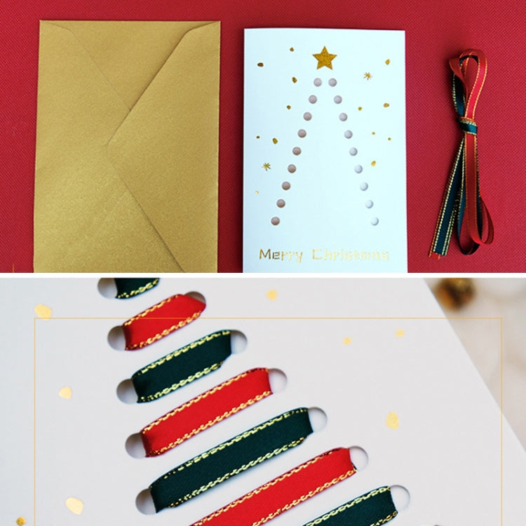 10 Sets DIY Gold Rim Ribbon Christmas Tree Greeting Card Bronzing Folding Christmas Card