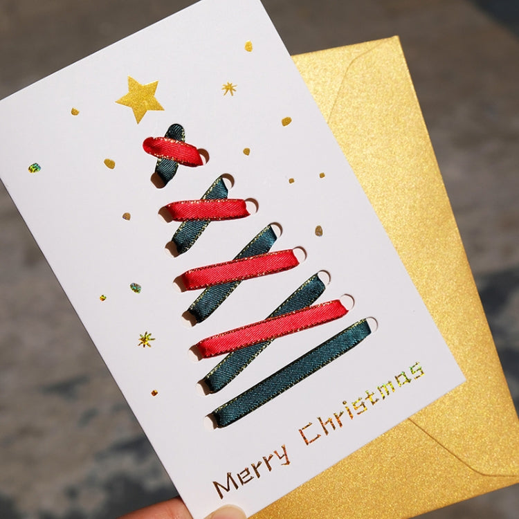 10 Sets DIY Gold Rim Ribbon Christmas Tree Greeting Card Bronzing Folding Christmas Card