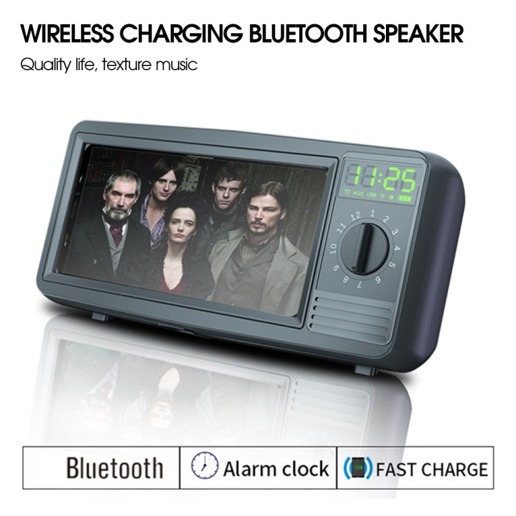 N57 Retro TV Shape Bluetooth Speaker Wireless Charger Mobile Phone Holder with Clock & Alarm Function Supports U-disk & TF Card(Black)