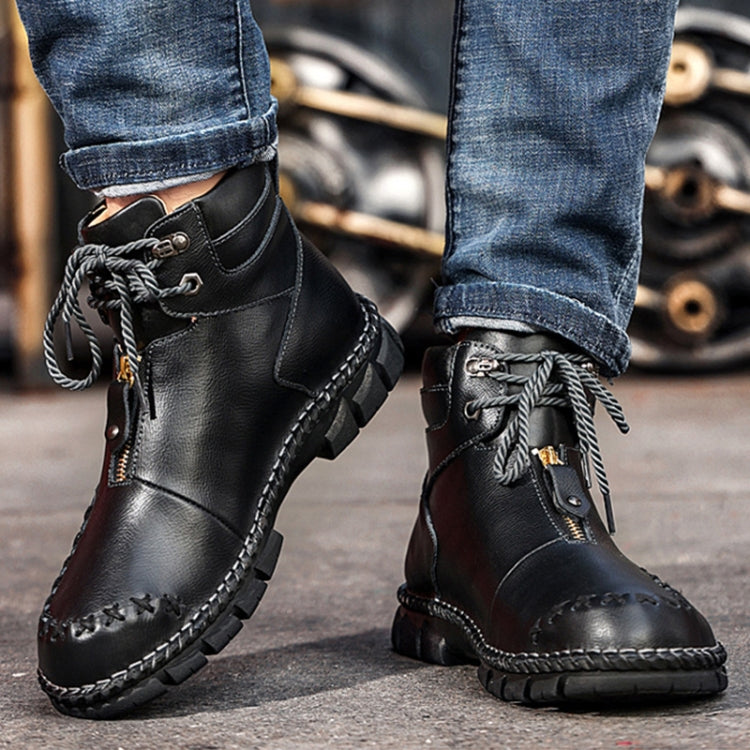 PO825 Autumn And Winter Men Martin Boots Leather Hand-stitched High-Top Men Shoes, Size: 44