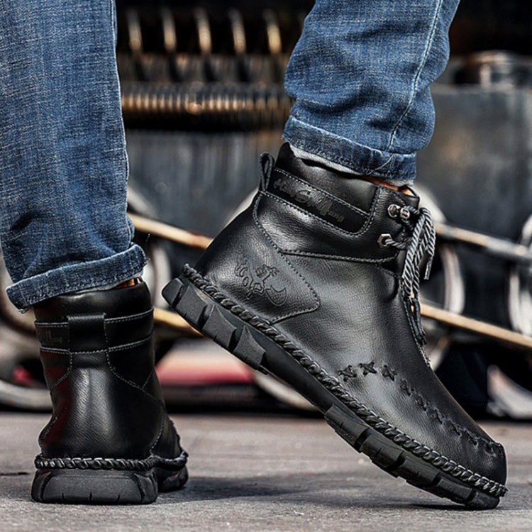 PO825 Autumn And Winter Men Martin Boots Leather Hand-stitched High-Top Men Shoes, Size: 44