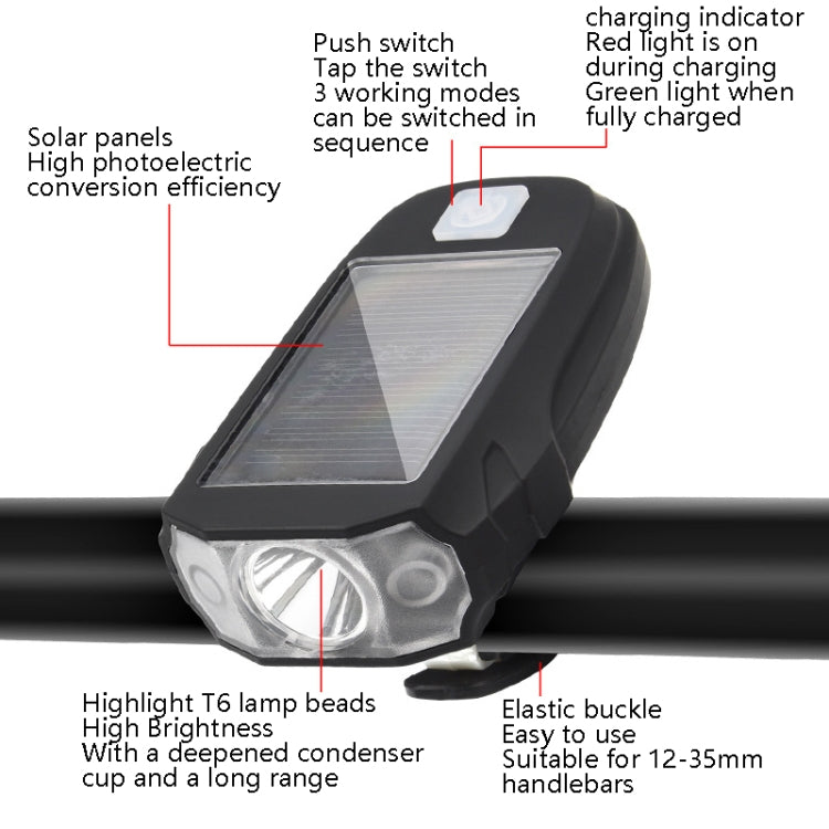 Solar Charging Bicycle Front Light Mountain Bike Riding High Bright Night Warning Bicycle Headlights( T6 Lamp Beads)