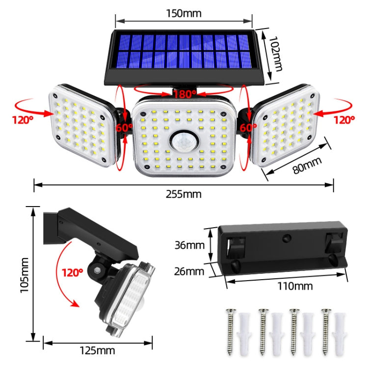 112 LED Solar 3-Head Rotatable Wall Lights Human Sense Outdoor Waterproof Garden Street Light