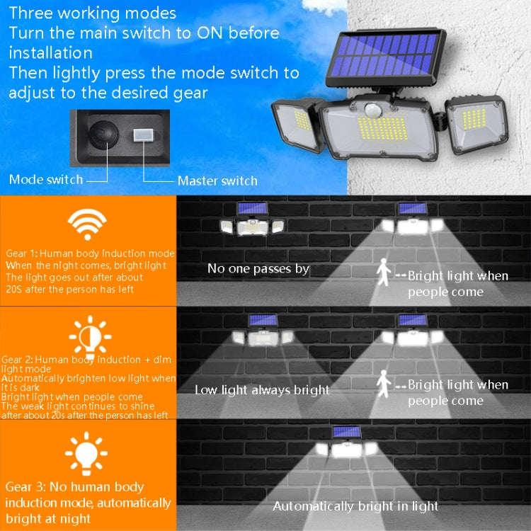 TG-TY073 218 LED Solar 3-Head Wall Light Body Sensing Outdoor Garden Waterproof Street Light With Remote Control(White Light)