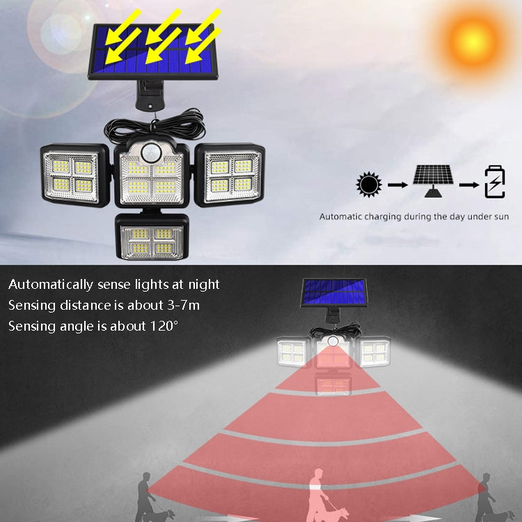 TG-TY085 Solar 4-Head Rotatable Wall Light with Remote Control Body Sensing Outdoor Waterproof Garden Lamp, Style: 198 LED Separated