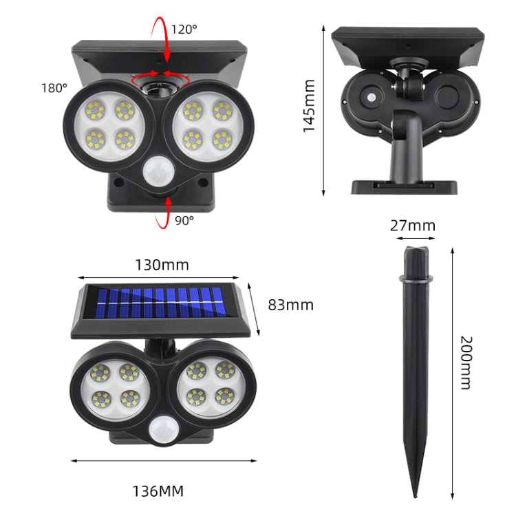 TG-TY092 Solar Double Head Sensing Wall Light Courtyard Lawn Light Outdoor Lighting Landscape Lamp, Spec: 48 LED