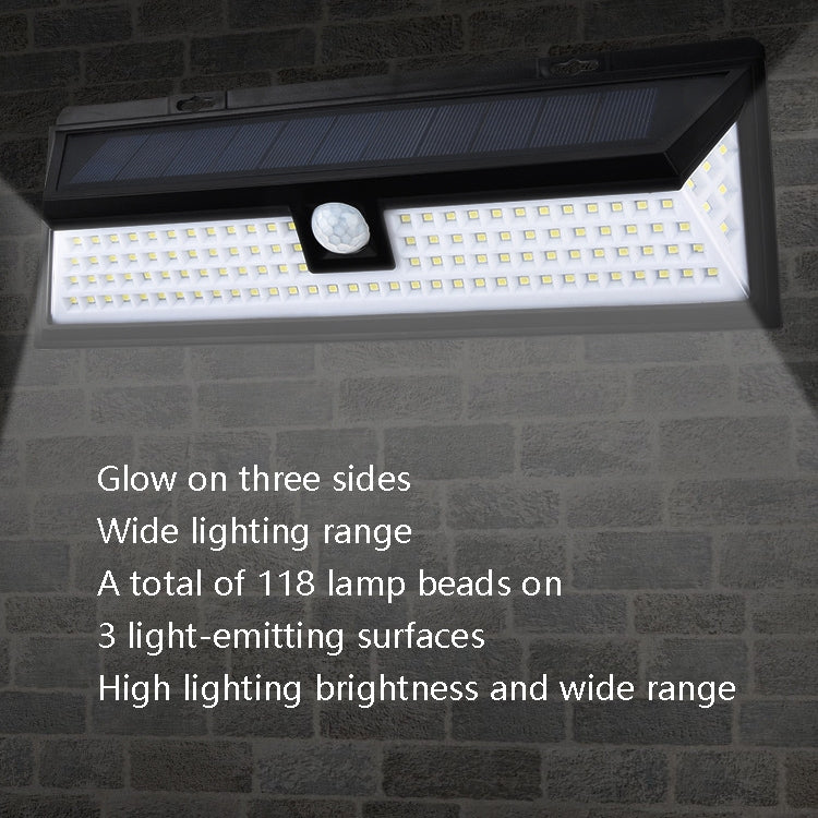 TG-TY00401 118 LED Solar 3-Sides Floodlit Motion Sensing Wall Light Outdoor Garden Corridor Street Light