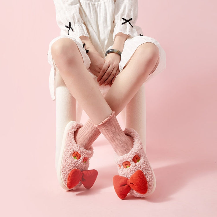 Autumn And Winter Bowknot Warm Couple Cotton Slippers, Size: 38/39(Beige)
