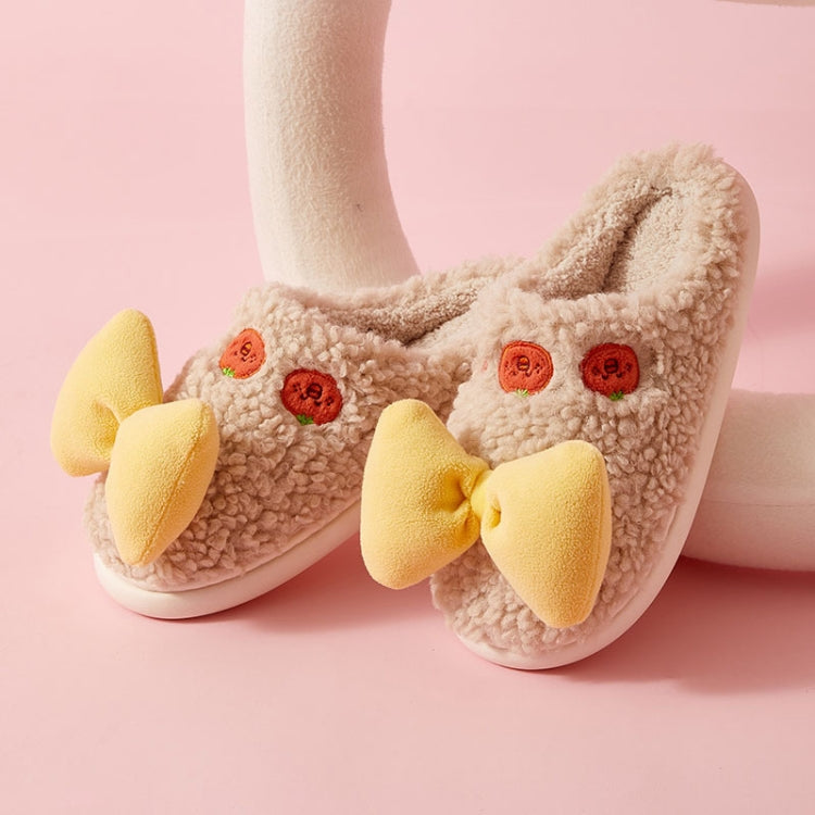 Autumn And Winter Bowknot Warm Couple Cotton Slippers, Size: 40/41(Beige)
