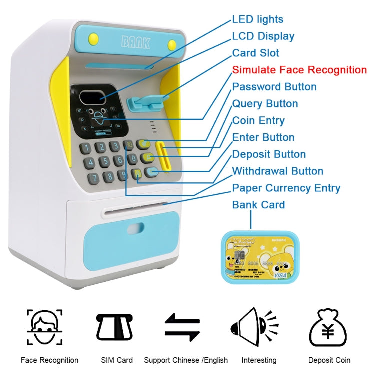 8010 Simulated Face Recognition ATM Machine Piggy Bank Password Automatic Rolling Money Safe Piggy Bank,Style: Pink