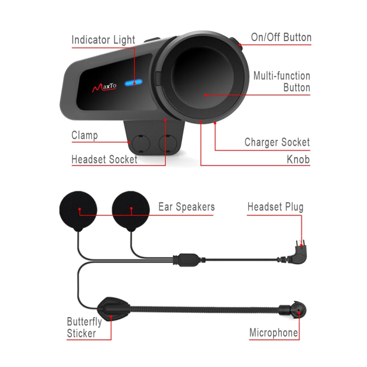 M2 Motorcycle Helmet Bluetooth Intercom 1000m 6 Group Intercom