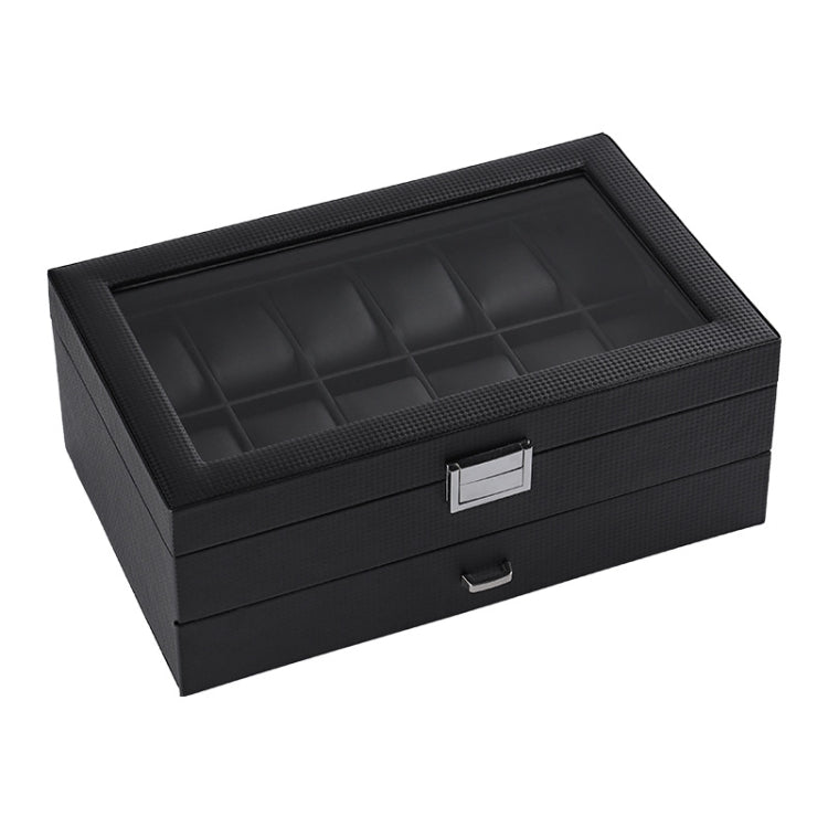 12-Bit Double Watch Box Carbon Fiber PU Leather Box Jewelry Box(Black)
