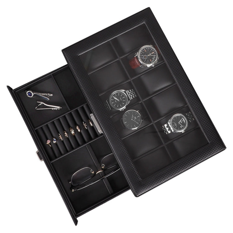 12-Bit Double Watch Box Carbon Fiber PU Leather Box Jewelry Box(Black)