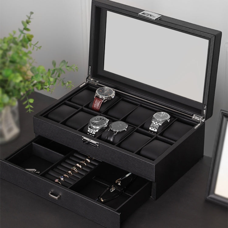 12-Bit Double Watch Box Carbon Fiber PU Leather Box Jewelry Box(Black)