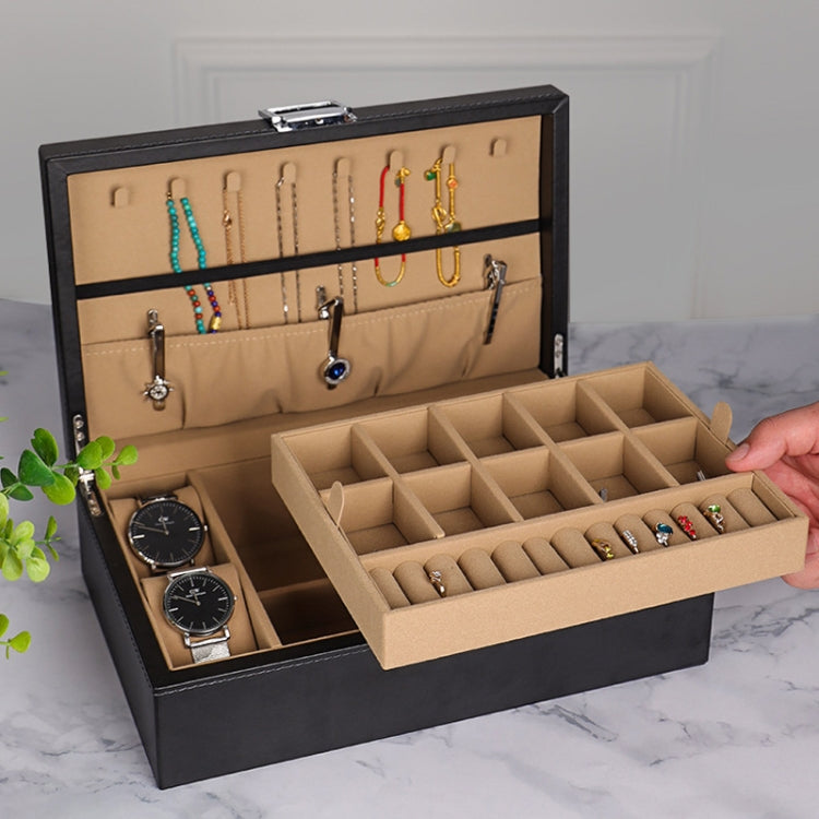 P57 Double-Layer PU Leather Jewelry Box Ring Necklace Watch Storage Box(Black)