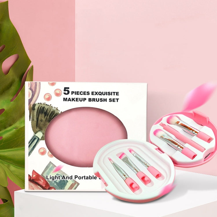 5 in 1 Eggshell Boxed Makeup Brush Set With Makeup Mirror(Pink)