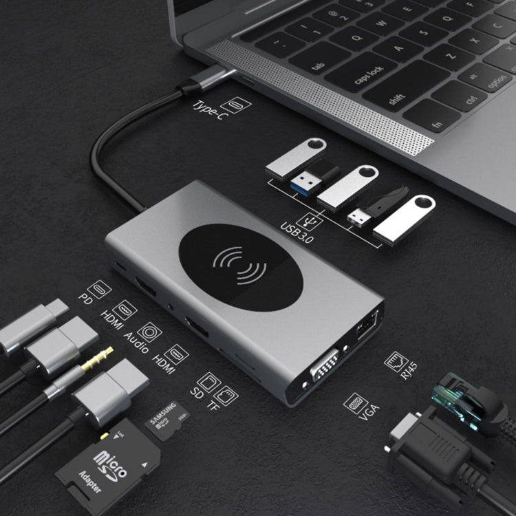 BX14W USB HUB Type-C Docking Station with Wireless Charge Function(14 in 1)