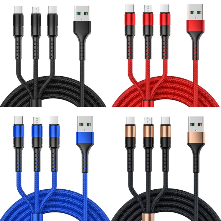 1.25m 3 In 1 USB to Dual Type-C + Micro USB Quick Charging Sync Data Cable, Output: 3A (Blue)