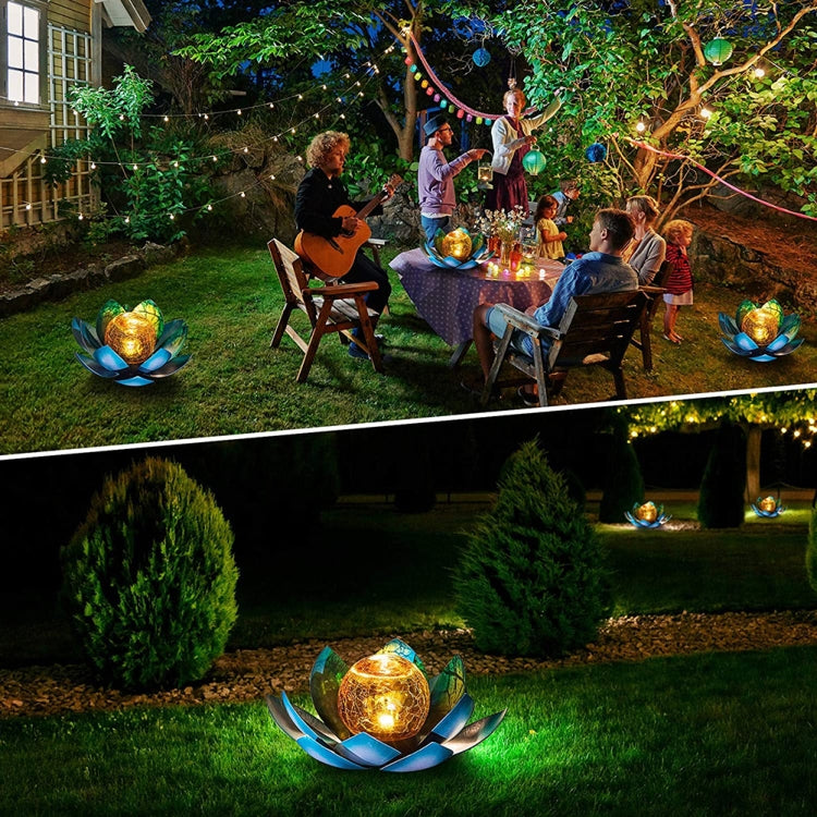 Solar Iron Lotus Lamp Outdoor Simulation Lotus Crack Lawn Lamp(Silver Blue)