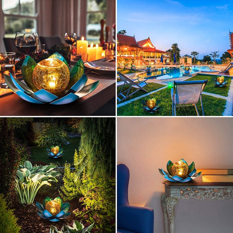 Solar Iron Lotus Lamp Outdoor Simulation Lotus Crack Lawn Lamp(Silver Blue)