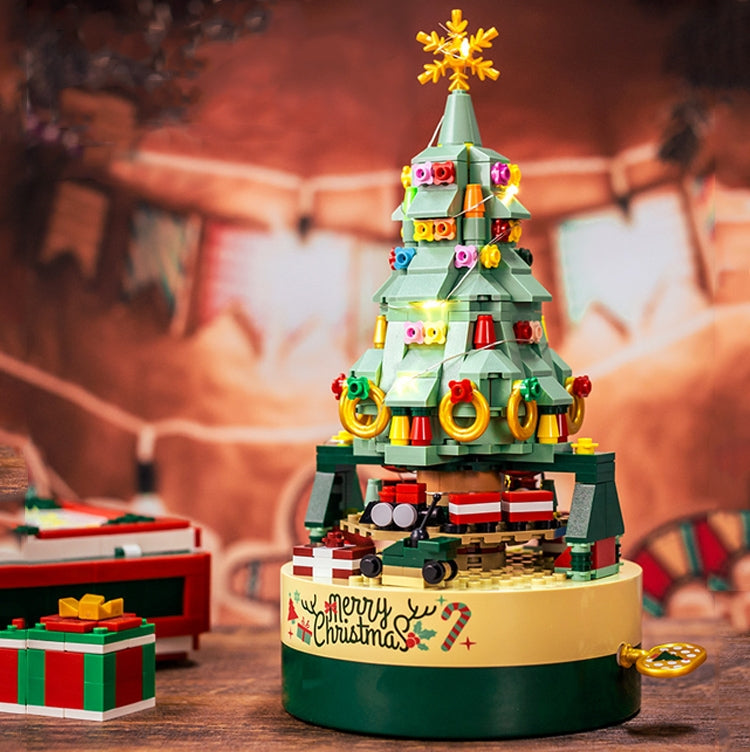 JK1302 Christmas Tree Building Blocks Rotating Music Box Assembled Toy Ornaments with Lights