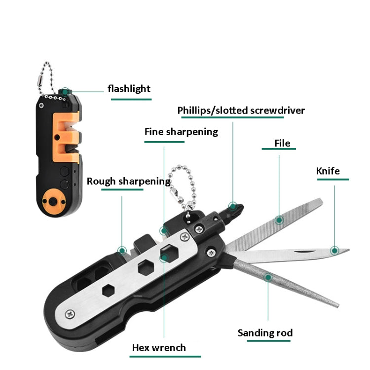 Outdoor Portable Multi-Function Survival Tool Knife Sharpener With Lighting(Black Orange)