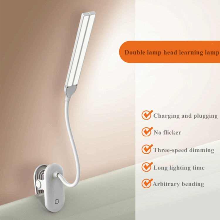 TD5 Double Lamp Head USB Desktop Clip Table Lamp,Style: Rechargeable Version (White)