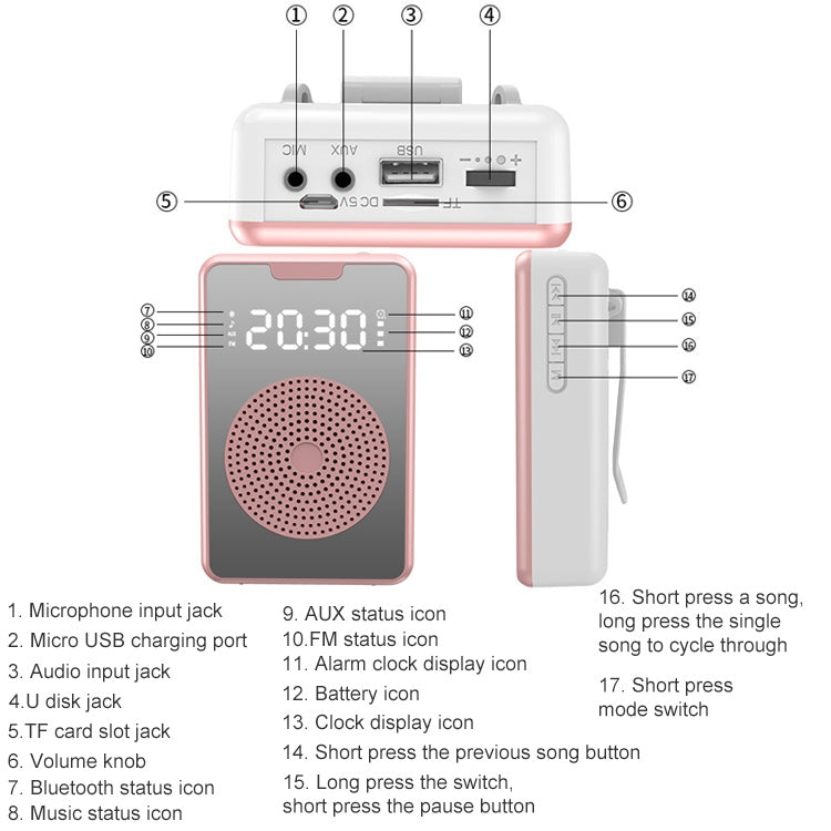 ZXL-H3 Portable Teaching Microphone Amplifier with Time Display, Spec: Wireless Version (White)