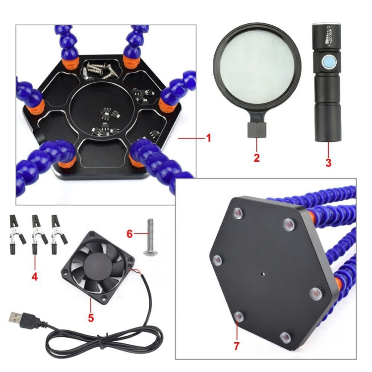 SN6SB-USB Six-Claw LED Lights Welding Station With Magnifying Glass & Fan(Blue)