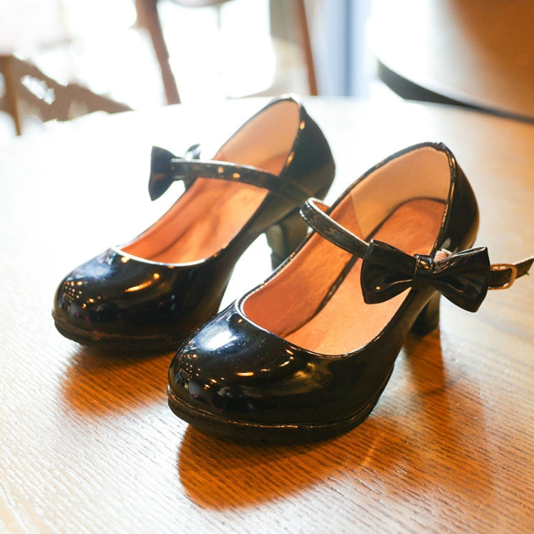 Autumn Girls Leather Shoes Bowknot High Heels Soft Soled Non-Slip Princess Shoes, Size:27(Black)