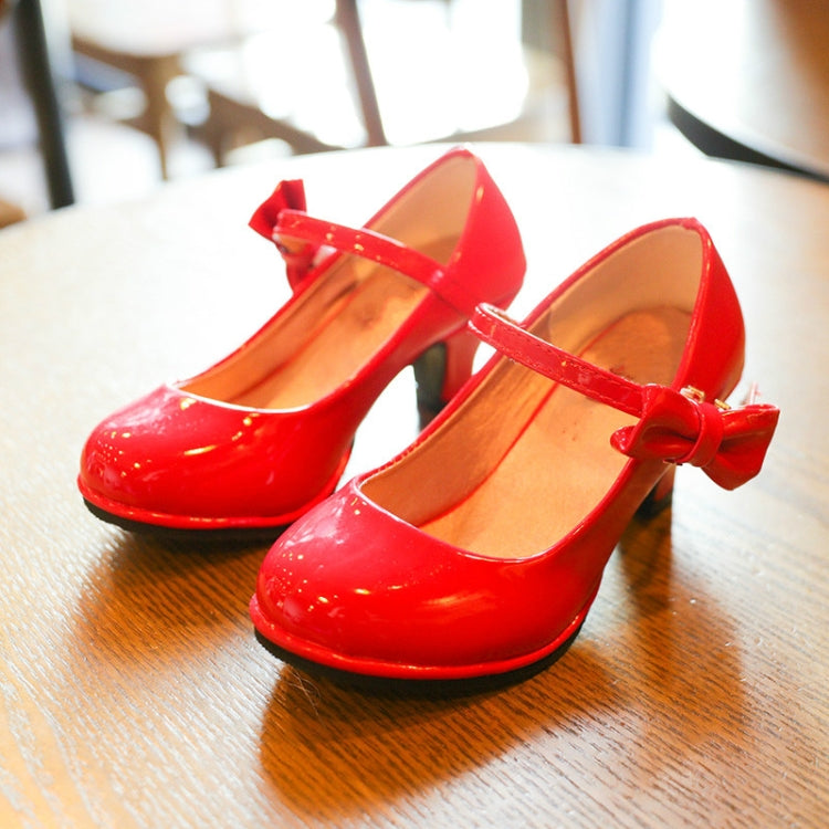 Autumn Girls Leather Shoes Bowknot High Heels Soft Soled Non-Slip Princess Shoes, Size:31(Red)