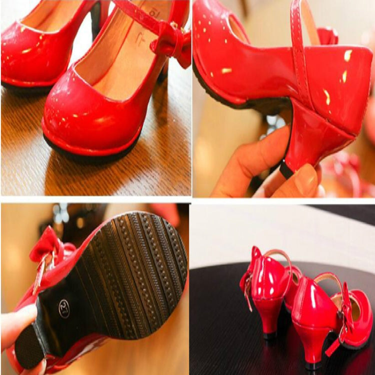Autumn Girls Leather Shoes Bowknot High Heels Soft Soled Non-Slip Princess Shoes, Size:31(Red)