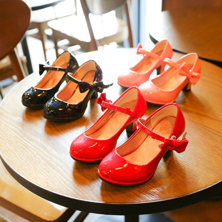 Autumn Girls Leather Shoes Bowknot High Heels Soft Soled Non-Slip Princess Shoes, Size:31(Red)