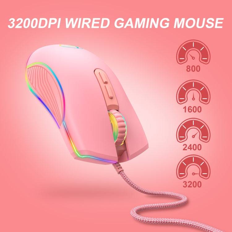 E32  7 Keys 3200 DPI Pink Girls RGB Glowing Wired Mouse Gaming Mouse, Interface: Type-C