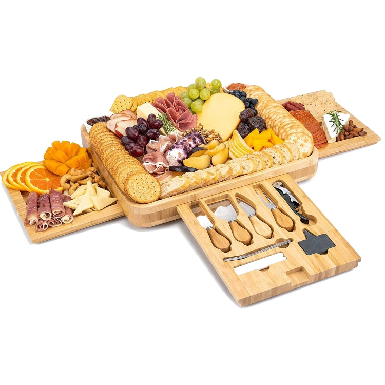 Bamboo Cheese Board Charcuterie Board With Knife Storage, Shape: Square(Bamboo Color Three Draws)