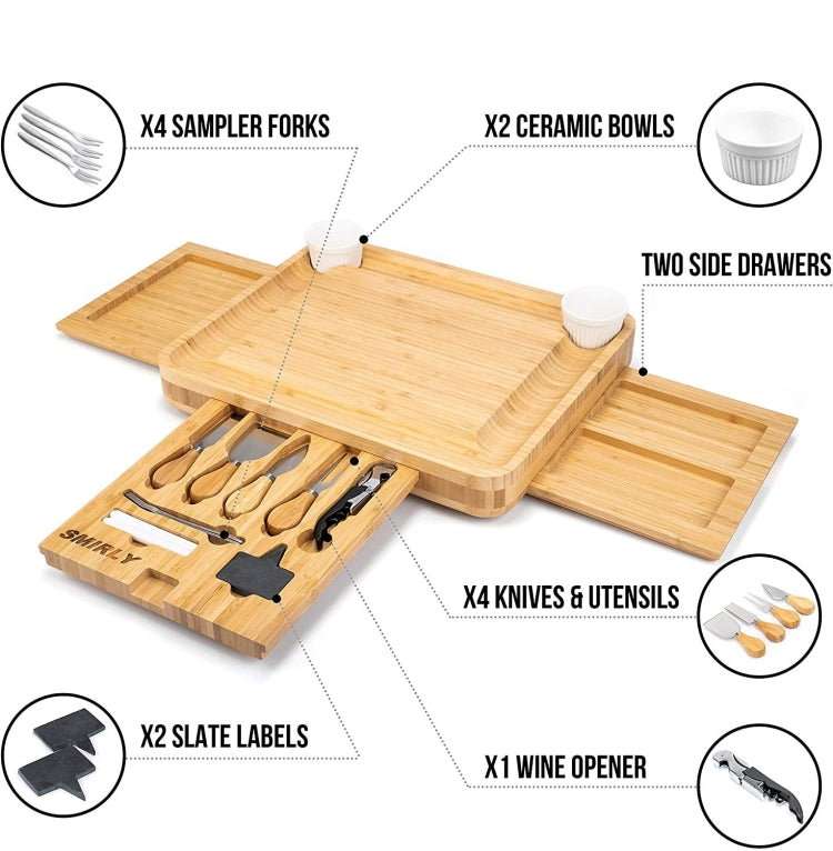 Bamboo Cheese Board Charcuterie Board With Knife Storage, Shape: Square(Bamboo Color Three Draws)