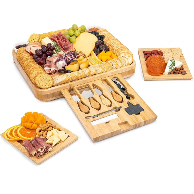 Bamboo Cheese Board Charcuterie Board With Knife Storage, Shape: Square(Bamboo Color Three Draws)
