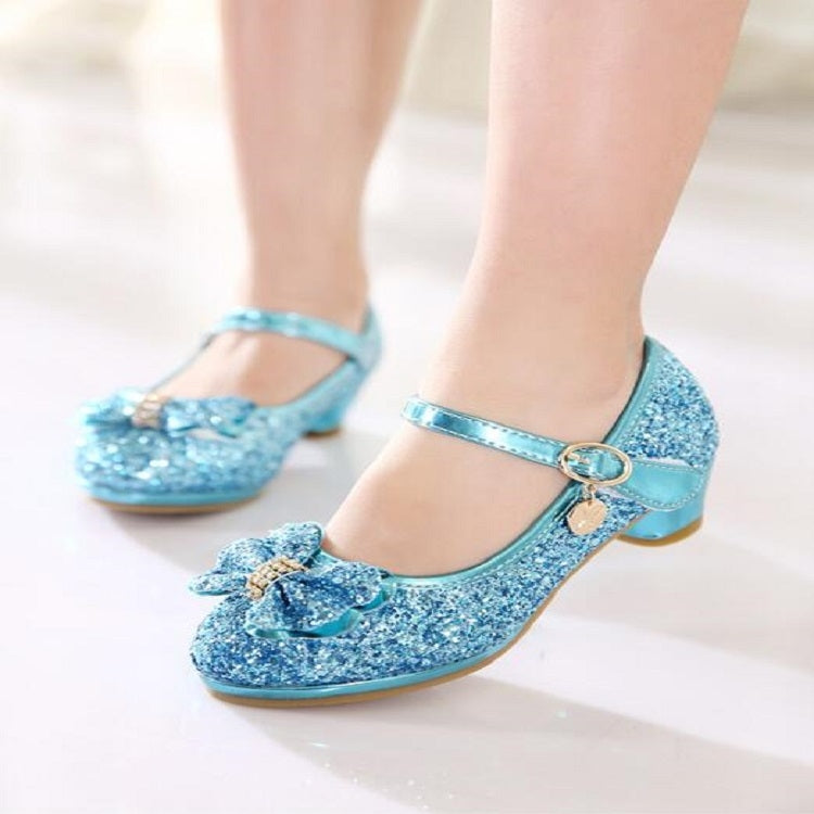 Girls Shoes Casual Flash Bow Leather Shoes, Size:32(Blue)
