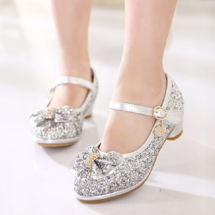 Girls Shoes Casual Flash Bow Leather Shoes, Size:33(Silver)